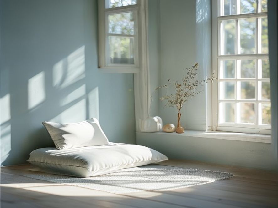 Lys morgenstue med meditativ stilhed ved vinduet