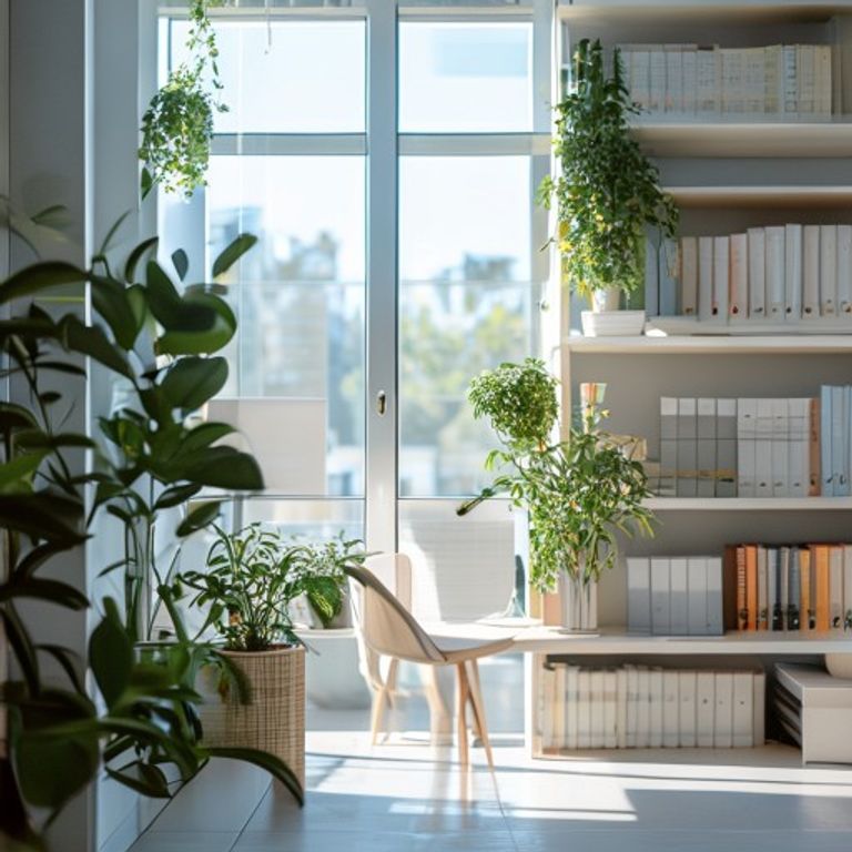 Moderne kontorrum med mindfulnessressourcer og planteterug